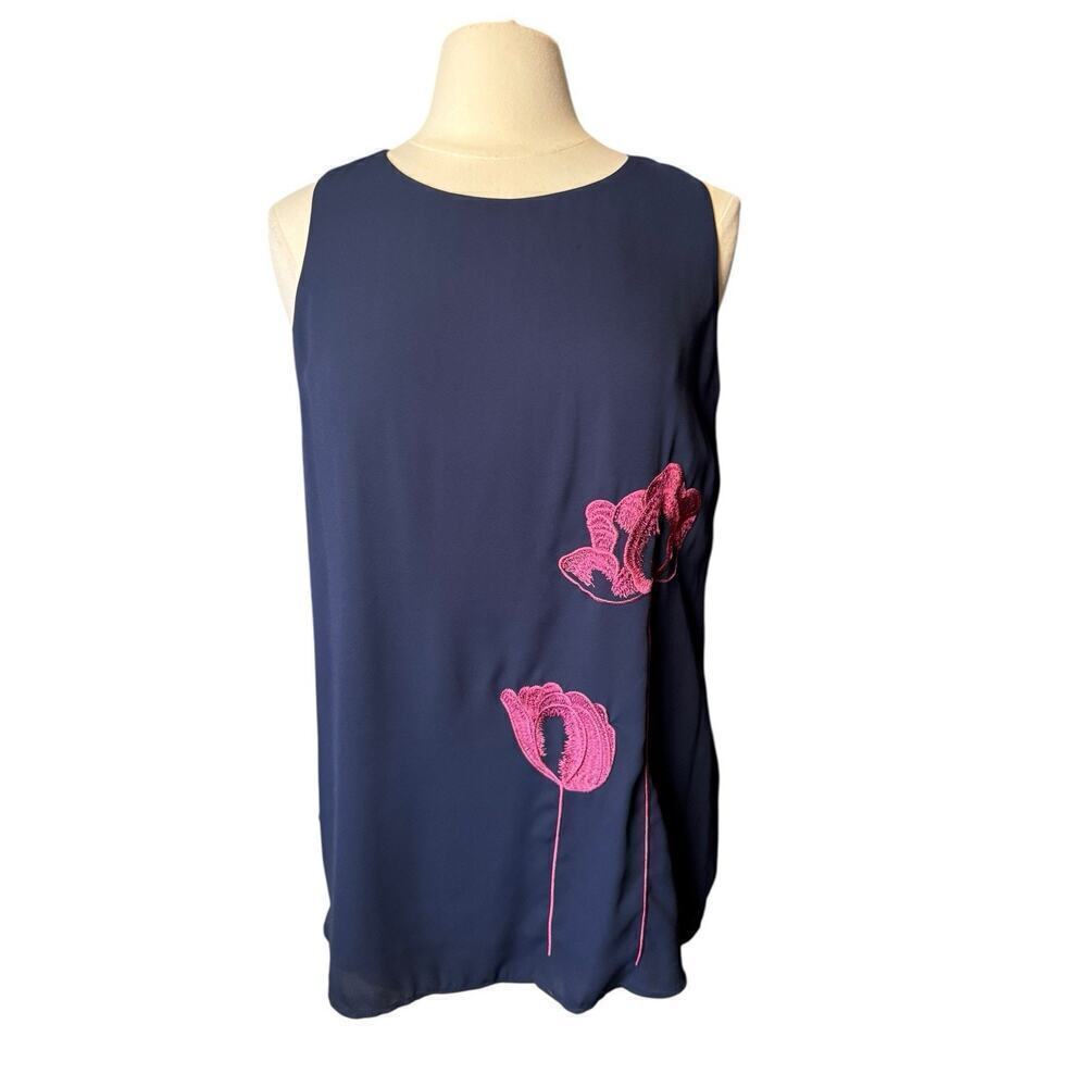 41 Hawthorn Benni Navy Blue and Pink Floral Sleeveless Floral Blouse XL Flowy